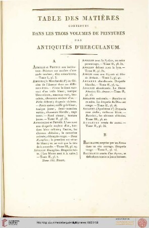 Table des matières contenues dans les trois volumes de peintures