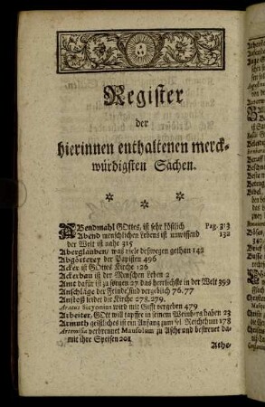 Register der hierinnen enthaltenen merckwürdigsten Sachen
