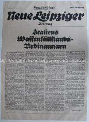 Sonderausgabe der "Neuen Leipziger Zeitung" mit dem Wortlaut des italienisch-französischen Waffenstillstandsabkommens