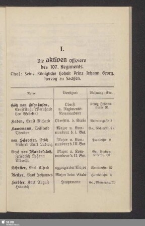 I. Die aktiven Offiziere des 107. Regiments