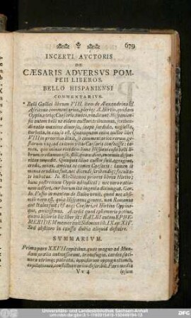 Incerti Auctoris De Caesaris Adversus Pompeii Liberos. Bello Hispaniensi