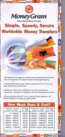 Werbeprospekt für kostenlose internationale Geldüberweisungen (mehrsprachig)