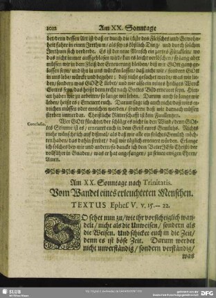 Am XX. Sonntage nach Trinitatis. Vom Wandel eines erleuchteten Menschen. Textus Ephes. V. v. 15 - 22