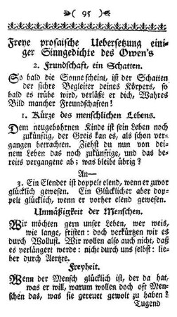 Freye prosaische Uebersetzung einiger Sinngedichte des Owen's.