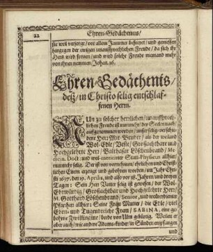 Ehren-Gedächtnis/ deß/ in Christo selig entschlaffenen Herrn.