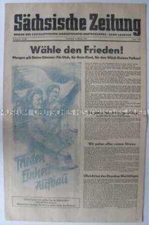 Tageszeitung der SED Sachsen "Sächsische Zeitung" zur 1. Volkskammerwahl in der DDR