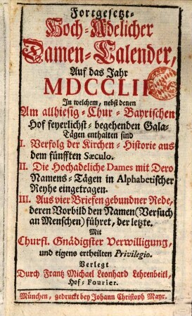 Fortgesetzter hoch-adelicher Damen-Calender. 1752