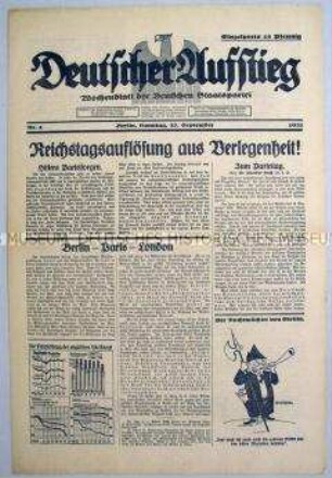 Wochenzeitung der Deutschen Staatspartei "Deutscher Aufstieg" u.a. zur Auflösung des Reichstages