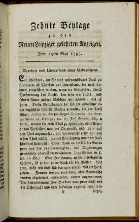 Zehnte Beylage zu den Neuen Leipziger gelehrten Anzeigen. Zum 15ten May 1793.
