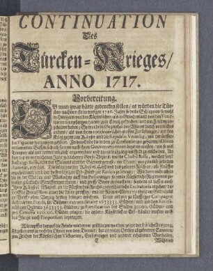 Continuation Des Türcken-Krieges/ Anno 1717.