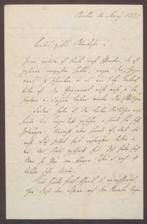 Schreiben von Moritz Ellstätter, Berlin, an seine Frau Marie: - Privates - Anweisung an [August] Nicolai - Kontakte zu [Rudolf von] Freydorf und [Heinrich] Lepique, Frau Hansemann und Gladbeck - Empfang der badischen Abgeordneten