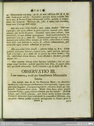 Observatio III. Lues venerea, male per innuctiones Mercuriales sanata