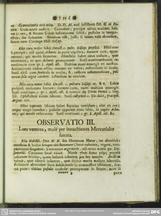 Observatio III. Lues venerea, male per innuctiones Mercuriales sanata
