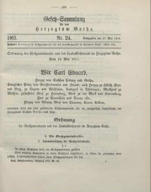 24. Ordnung der Kirchgemeinderäte und des Landeskirchenrats im Herzogtum Gotha. Vom 23. Mai 1911