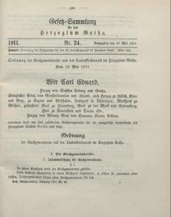 24. Ordnung der Kirchgemeinderäte und des Landeskirchenrats im Herzogtum Gotha. Vom 23. Mai 1911
