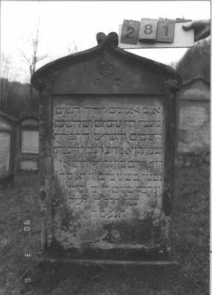Grabstein 281 (Index: 99609005) Material: Sandstein Zustand: leicht verwittert Maße HxBxT: 132x70x18 cm Beschreibung: Stele auf Sockel, Volutenabschluß, Schriftfeld eingetieft Symbolik: Blüte: Grabstein 281