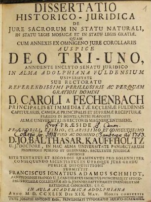 Dissertatio historico-juridica de jure sacrorum in statu naturali, in statu legis mosaicae et in statu legis gratiae