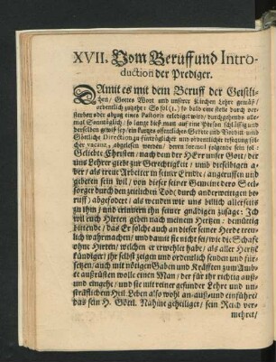 XVII. Vom Beruff und Introduction der Prediger.