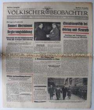 Tageszeitung "Völkischer Beobachter" u.a. über den Staatsbesuch des jugoslawischen Ministerpräsidenten Stojadinowitsch und die Regierungskrise in Frankreich