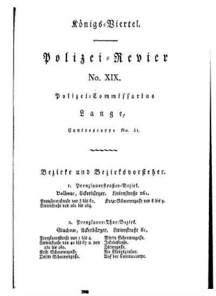 Königs= Viertel. Polizei= Revier No. XIX.