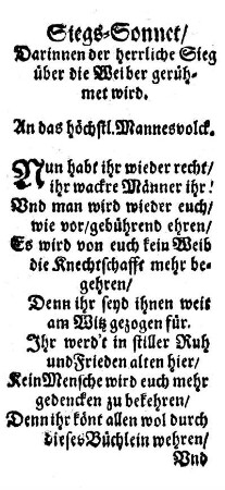 Siegs-Sonnet/ Darinnen der herrliche Sieg über die Weiber gerühmet wird.