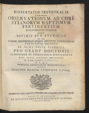 Dissertatio Inauguralis Exhibens Observationum Ad Christianorum Baptismum Pertinentium : Spicilegium Primum