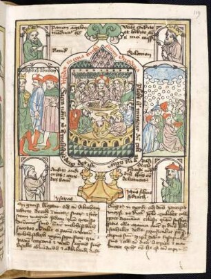 (1) Propheten-Brustbilder; (2) Antitypus: Das letzte Abendmahl; Typen: (3) Mechiesedek bietet Abraham Wein an; (4) Mannalese