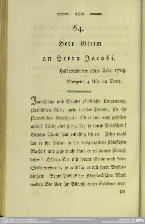 64. Herr Gleim an Herrn Jacobi. Halberstadt den 16ten Febr. 1768. Morgens 4 Uhr im Bette