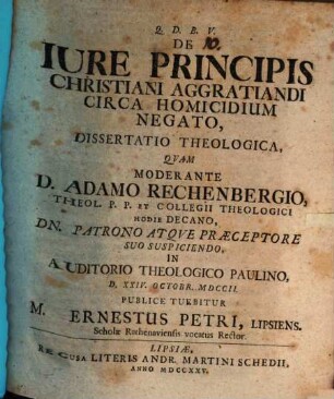 De Iure Principis Christiani Aggratiandi Circa Homicidium Negato, dissertatio Theologica