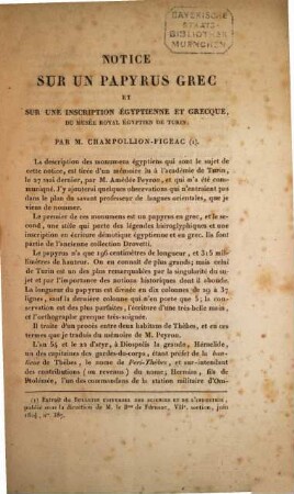 Notice sur un papyrus Grec et sur une inscription Égyptienne et Grecque, de musée royal Égyptien de Turin
