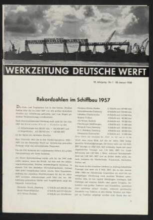 Rekordzahlen im Schiffbau 1957 - Werkszeitung 18. Jahrgang, Nr. 1