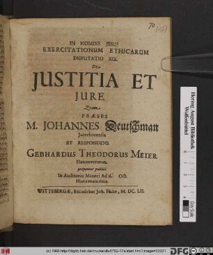 Exercitationum Ethicarum Disputatio XIX. De Iustitia Et Iure