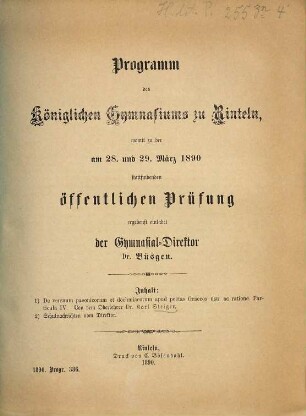 Programm des Königlichen Gymnasiums zu Rinteln : Ostern ... 1889/90
