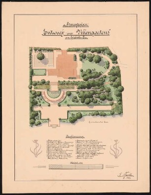 Villengarten am Griebnitzsee, Potsdam-Babelsberg: Grundriss des Gartens mit Terrassenanlage 1:200, Bepflanzungliste, Dekor, Maßstabsleiste
