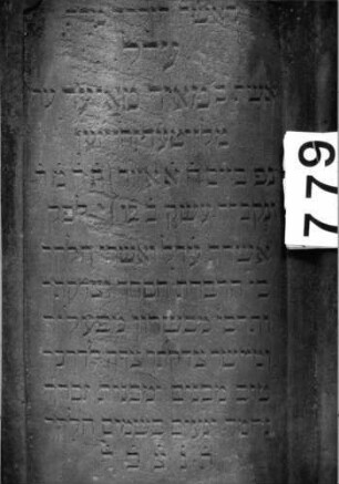 Grabstein 779 (Index: 99802266) Material: Sandstein Zustand: gut Maße HxBxT: 145x63x21 cm Beschreibung: Sock/St. m. verdacht. eingezog. Rundbogen/Seitenakroterien/zwei Halbsäulen Symbolik: Seitenakroterien/zwei Halbsäulen Besonderheit: längerer Text/Endreim: Grabstein 779 (Detailaufnahme)