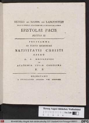 Programma In Festo Memoriae Nativitatis Christi Sacro A. C. MDCCLXXVIII In Academia Ivlia Carolina P. P.