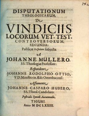 Disp. theol. de vindiciis locorum V. T. controversorum secunda