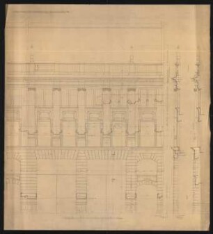 Warenhaus Wertheim, Oranienstraße, Berlin 2. Bauabschnitt: Fassadenteilansicht, Fassadenschnitte Oranienstraße 52, 1:25