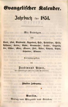 Evangelisches Jahrbuch : für ... 5, 5. 1854