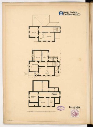 Landhaus Monatskonkurrenz März 1896: Grundriss Keller, Erdgeschoss, Dachgeschoss; Maßstabsleiste