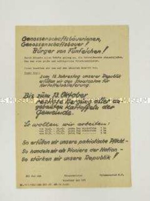 Hektografiertes Propagandaflugblatt aus dem Kreis Eisenhüttenstadt zum Abschluss der Getreideernte