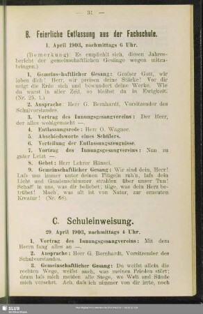 C. Schuleinweisung : 29. APril 1903, nachmittags 4 Uhr