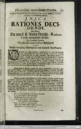 Rationes Decidendi, Betreffende, Die von E. E. Nieder-Gericht, Ratione Poenae abzugebende Urthel, In Peinlichen Sachen Fiscalis in Criminalibus Anklägers Contrà Baltzer Stielcken, Gefangenen und Peinlich Angeklagten