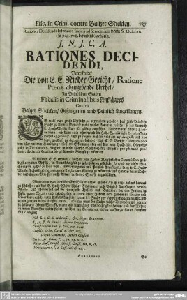 Rationes Decidendi, Betreffende, Die von E. E. Nieder-Gericht, Ratione Poenae abzugebende Urthel, In Peinlichen Sachen Fiscalis in Criminalibus Anklägers Contrà Baltzer Stielcken, Gefangenen und Peinlich Angeklagten