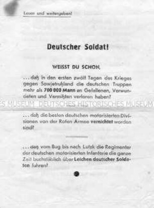 Sowjetisches Abwurf-Flugblatt mit einer Auflistung von Niederlagen der Wehrmacht an der Ostfront