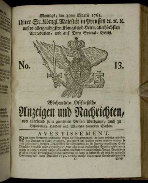 No. 13. Montags, den 30ten Martii 1761.