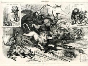 The biggest scare and hoax yet! - The wild animals let loose again by the zoomorphism press : die Zeichnung besteht aus 3 Bildern von denen eines beschrieben wird: Wilde Tiere, deren Köpfe als Bajonette dargestellt werden, brechen aus einem Zoo aus