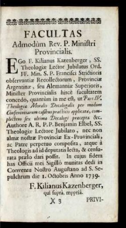 Facultas Admodùm Rev. P. Ministri Provincialis