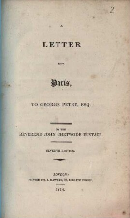 Letter from Paris to George Petre, Esq.