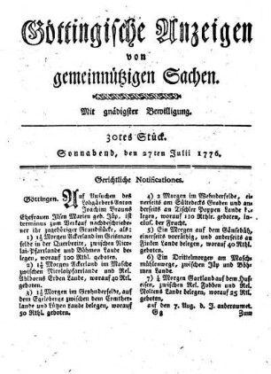 30tes Stück. Sonnabend, den 27ten Julii 1776.